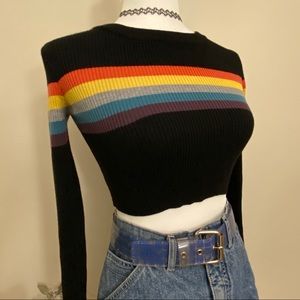 Black Long Sleeve Crop Top with Rainbow Stripe